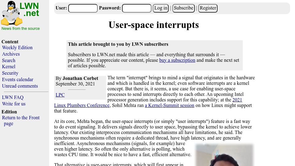 Screenshot of lwn.net: User-Space Interrupts (2021)