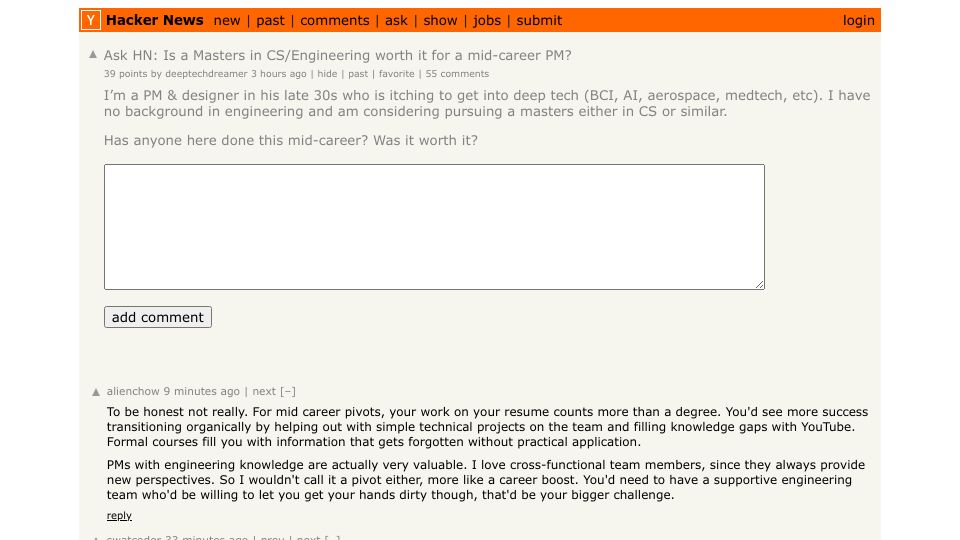 Screenshot of Hacker News post: Ask HN: Is a Masters in CS/Engineering worth it for a mid-career PM?