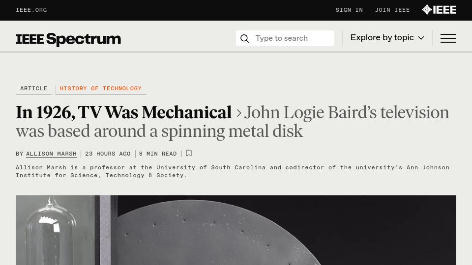 Screenshot of spectrum.ieee.org: In 1926, TV Was Mechanical