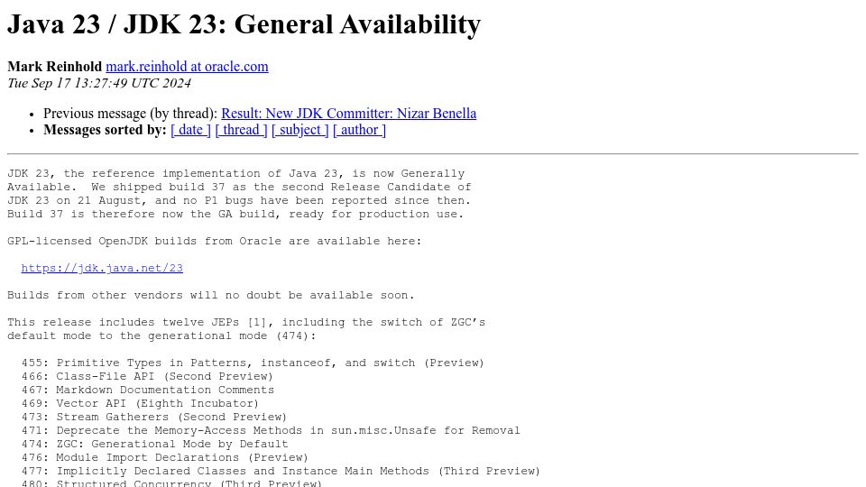 Screenshot of mail.openjdk.org: Java 23 / JDK 23: General Availability