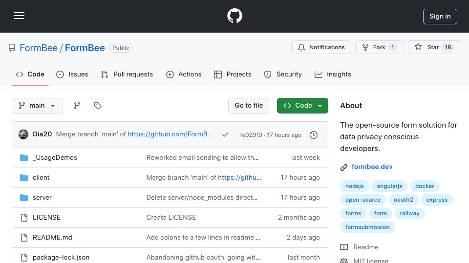 Screenshot of github.com: Open Source Form Back End