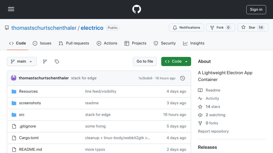 Screenshot of github.com: Show HN: Electrico – Electron Without Node and Chrome