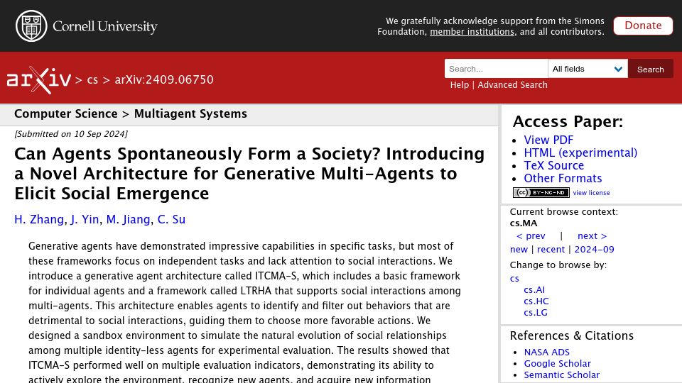 Screenshot of arxiv.org: Can Generative Multi-Agents Spontaneously Form a Society?