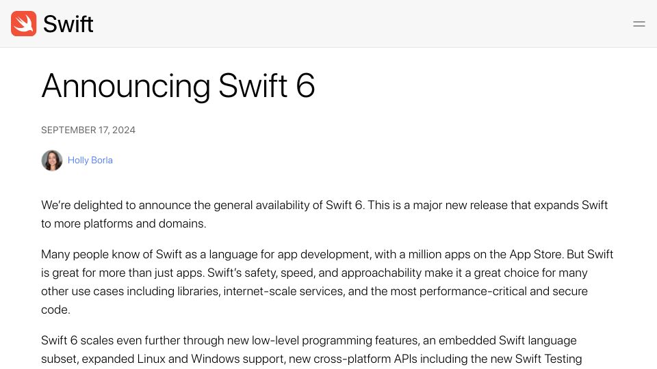 Screenshot of swift.org: Swift 6