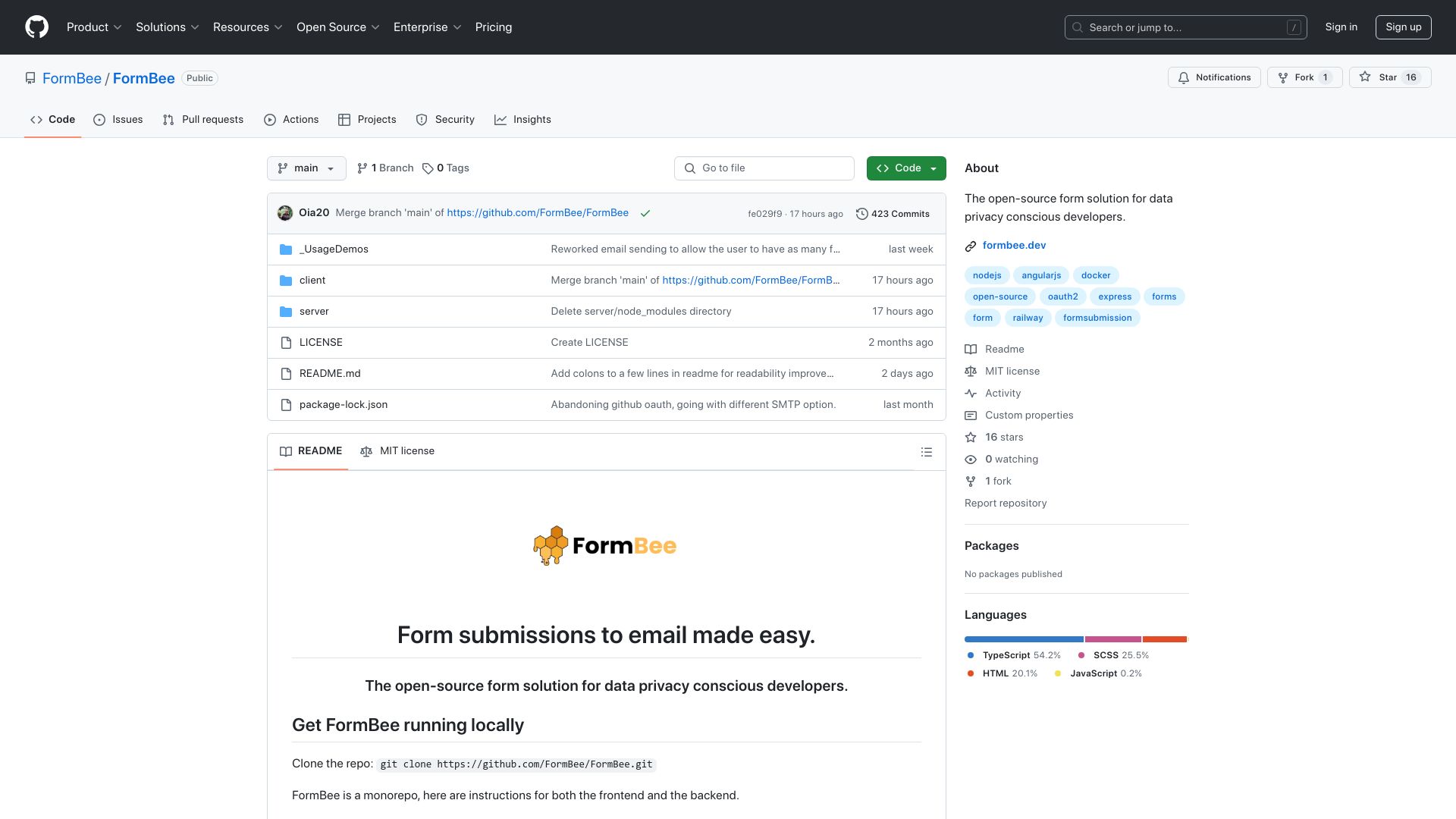 Screenshot of github.com: Open Source Form Back End
