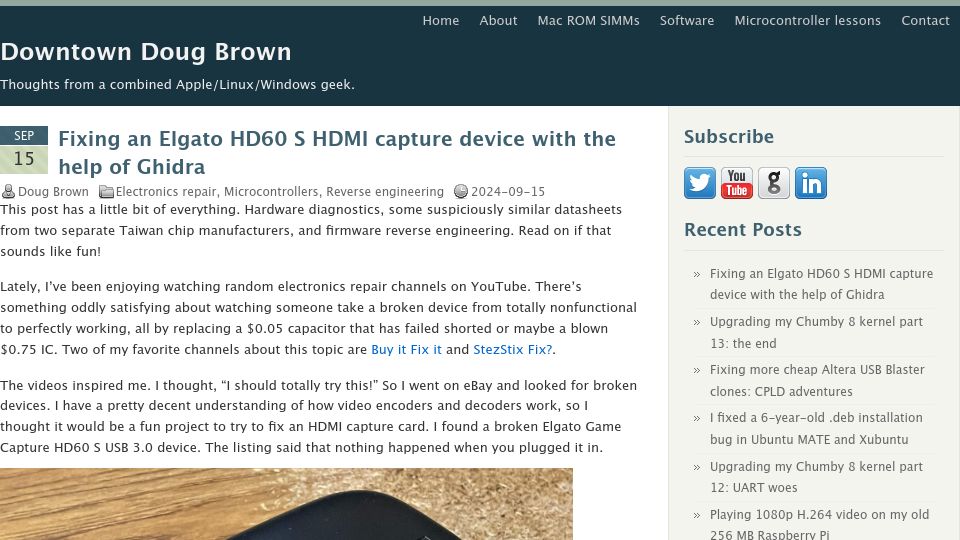 Screenshot of downtowndougbrown.com: Fixing an Elgato HD60 S HDMI capture device with the help of Ghidra