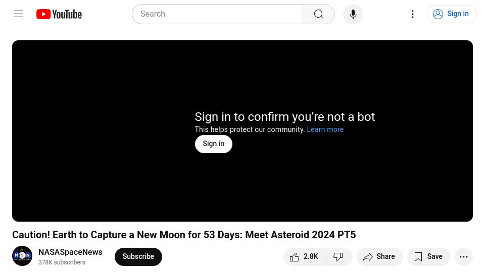 Screenshot of youtube.com: Caution Earth to Capture a New Moon for 53 Days: Meet Asteroid 2024 PT5