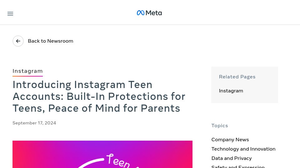 Screenshot of about.fb.com: Instagram Teen Accounts