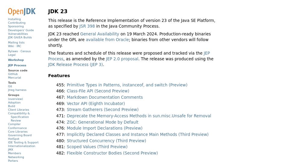 Screenshot of openjdk.org: Java 23