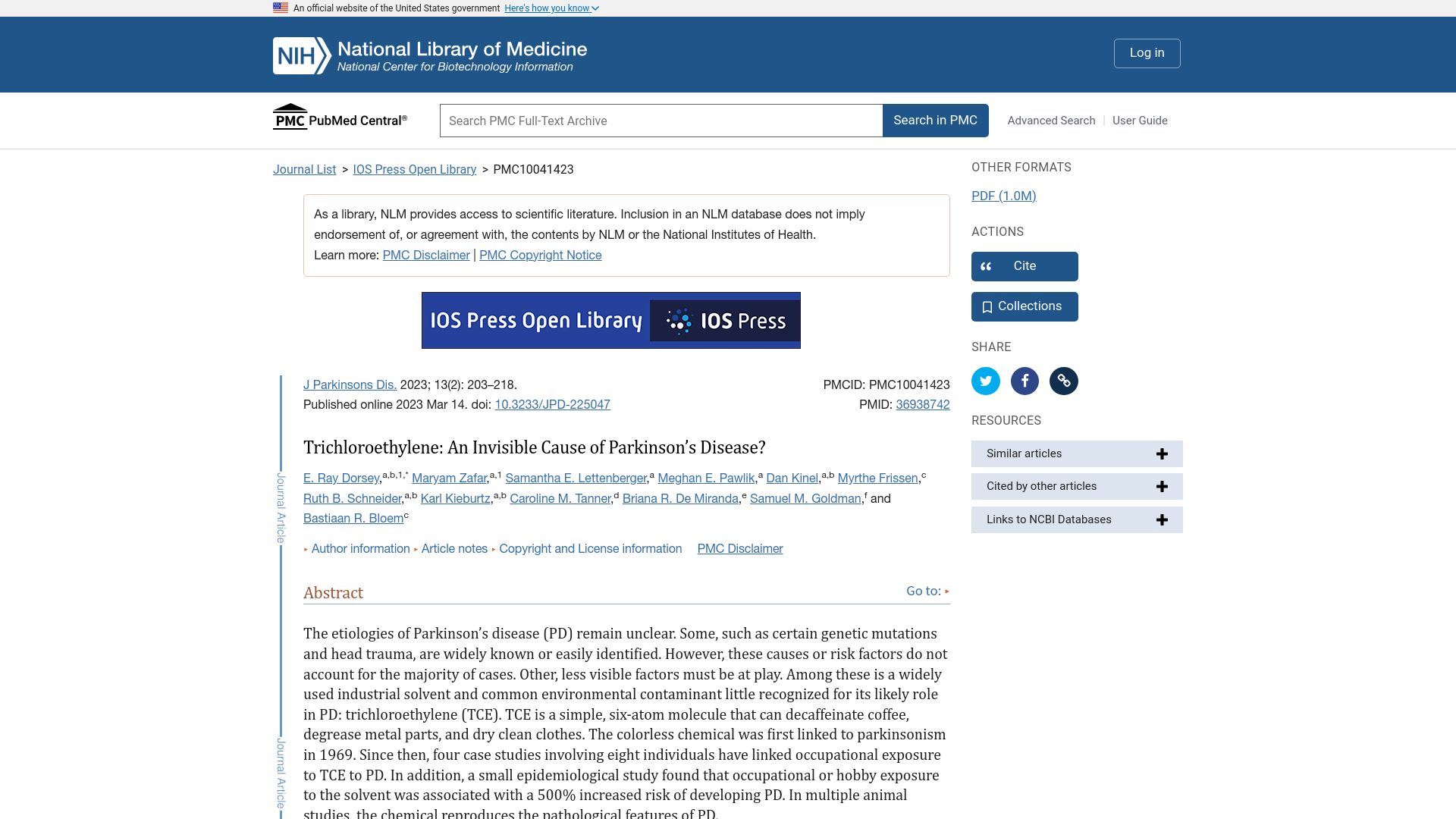 Screenshot of ncbi.nlm.nih.gov: Trichloroethylene: An Invisible Cause of Parkinson's Disease?