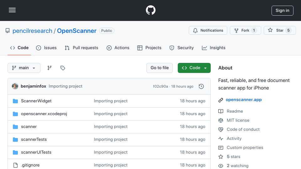 Screenshot of github.com: Show HN: Open Scanner, an open-source document scanning app for iPhone
