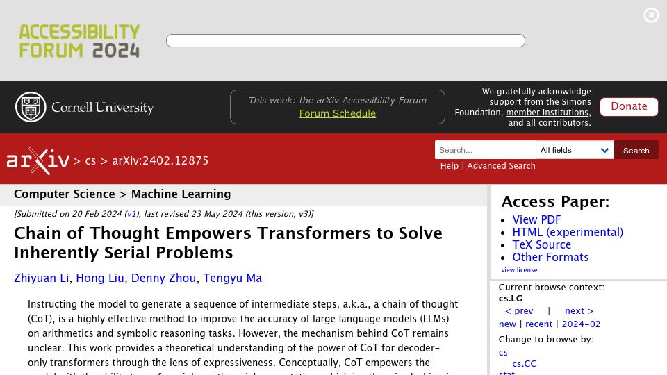 Screenshot of arxiv.org: Chain of Thought empowers transformers to solve inherently serial problems