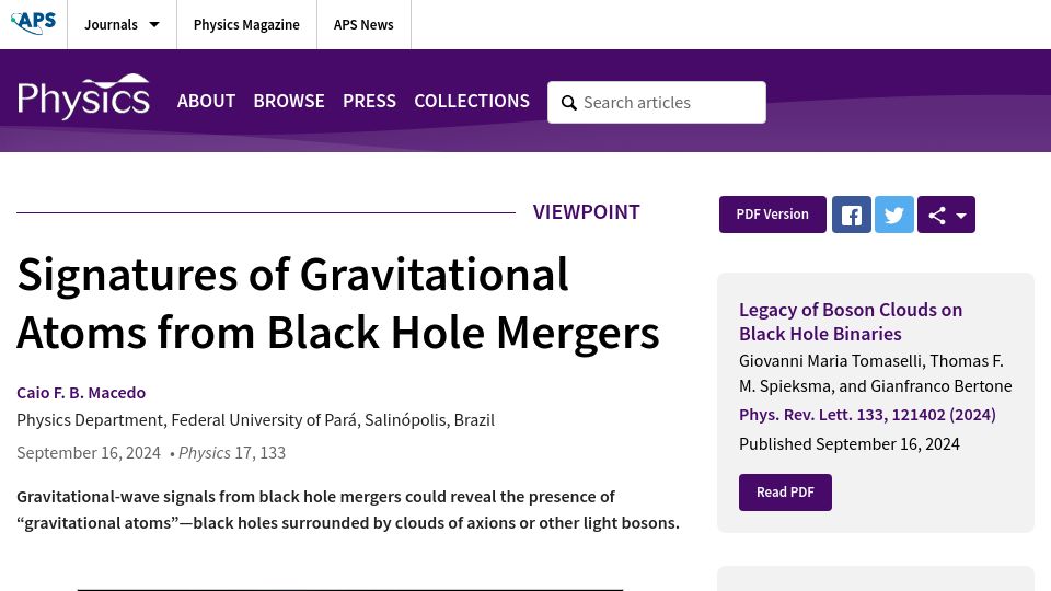 Screenshot of physics.aps.org: Signatures of gravitational atoms from black hole mergers