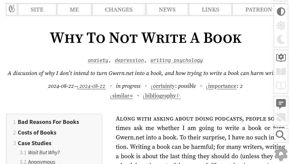 Screenshot of gwern.net: Why to Not Write a Book