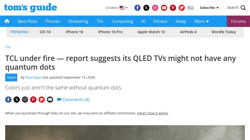 Screenshot of tomsguide.com: Tcl under fire: report suggests its QLED TVs might not have any quantum dots