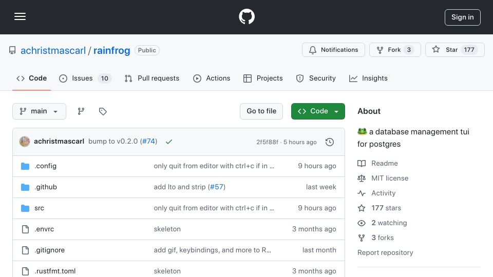 Screenshot of github.com: Rainfrog – a database management TUI for Postgres
