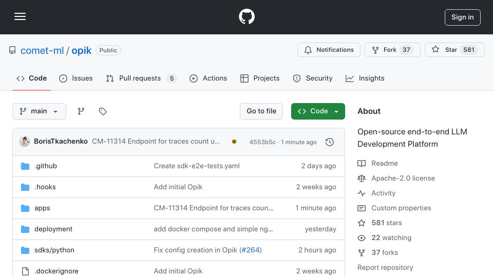 Screenshot of github.com: Show HN: Opik, an open source LLM evaluation framework