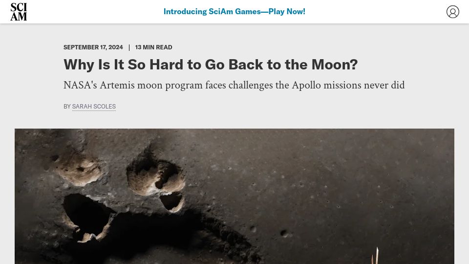 Screenshot of scientificamerican.com: Why is it so hard to go back to the moon?