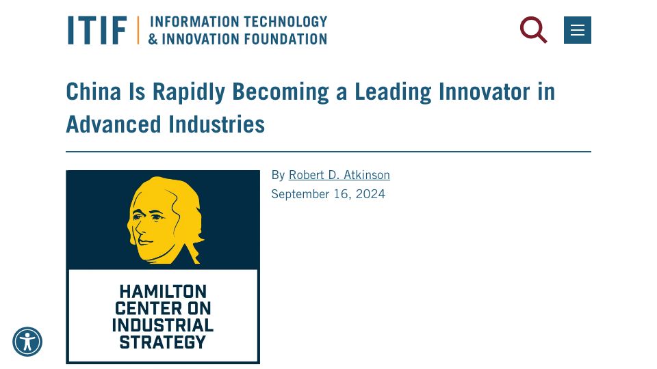Screenshot of itif.org: China Is Rapidly Becoming a Leading Innovator in Advanced Industries