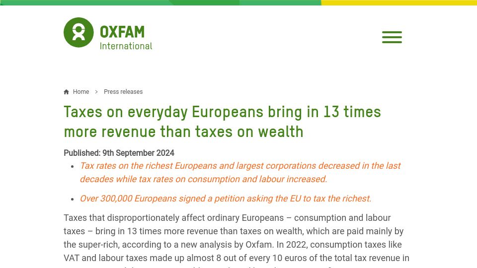 Screenshot of oxfam.org: Taxes on everyday Europeans bring in 13 times more revenue than taxes on wealth