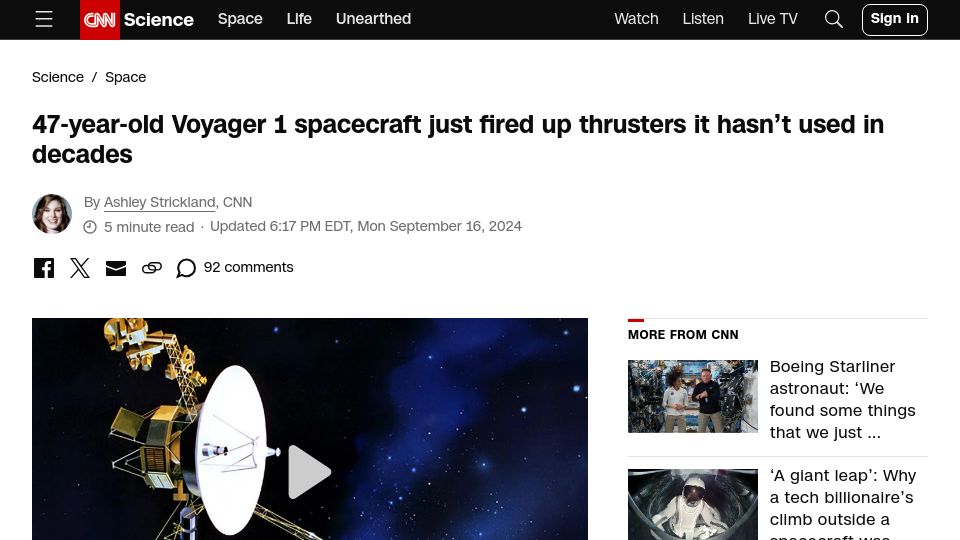 Screenshot of cnn.com: 47-year-old Voyager 1 fired up thrusters it hasn't used in decades