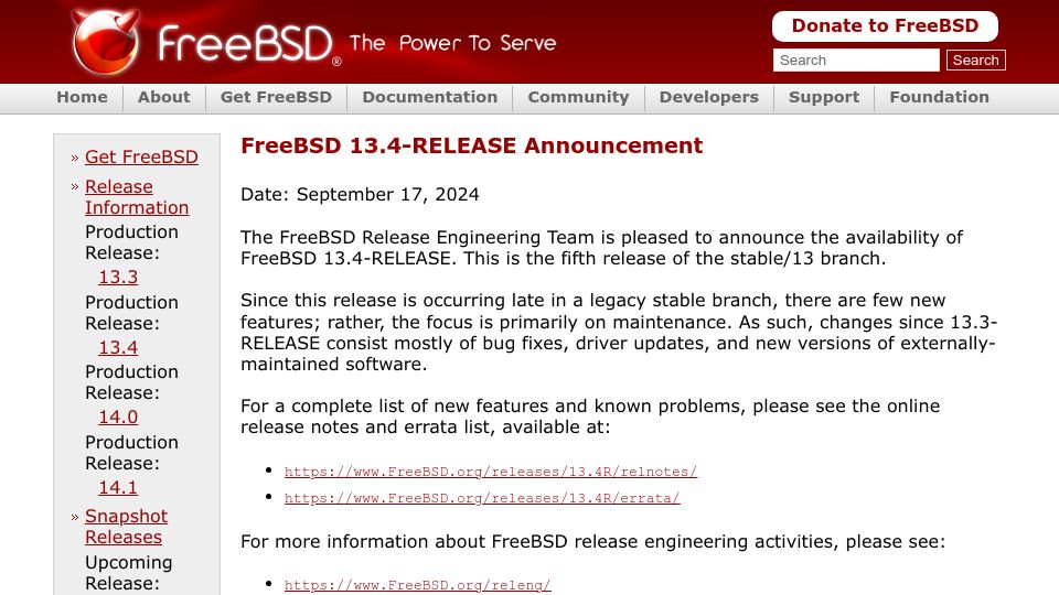 Screenshot of freebsd.org: FreeBSD 13.4-Release