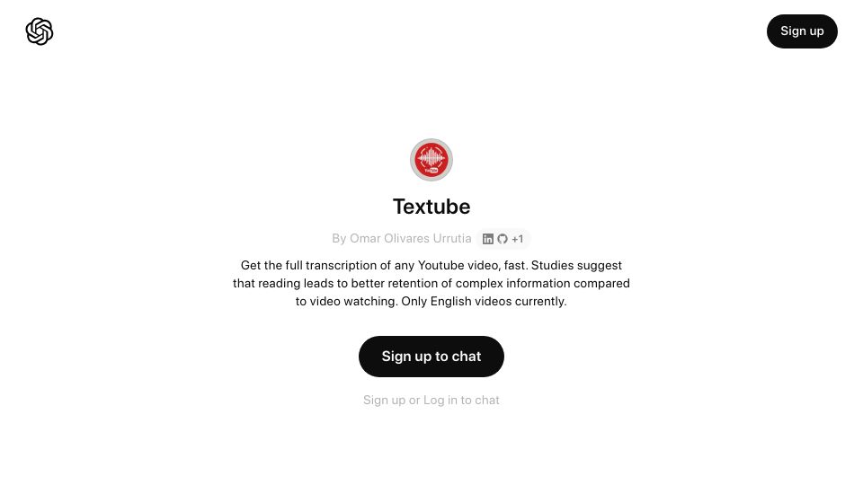 Screenshot of chatgpt.com: TexTube: Chat with any YouTube video transcript in ChatGPT fast