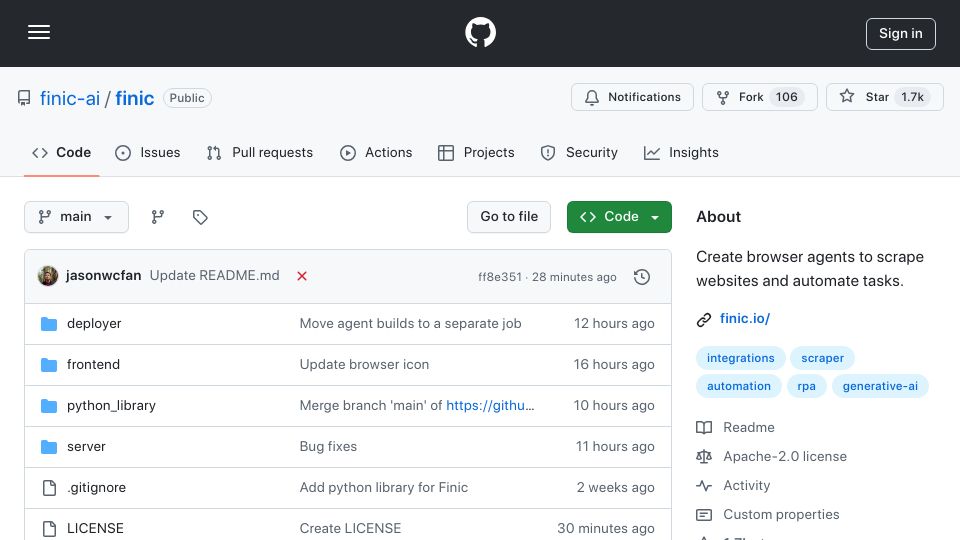 Screenshot of github.com: Show HN: Finic – Open source platform for building browser automations