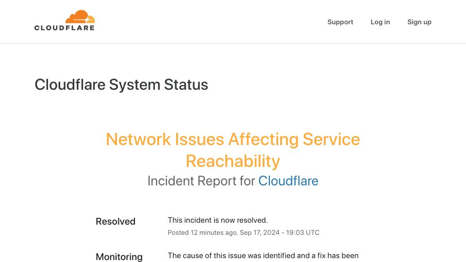 Screenshot of cloudflarestatus.com: Cloudflare Network Issues Affecting Service Reachability