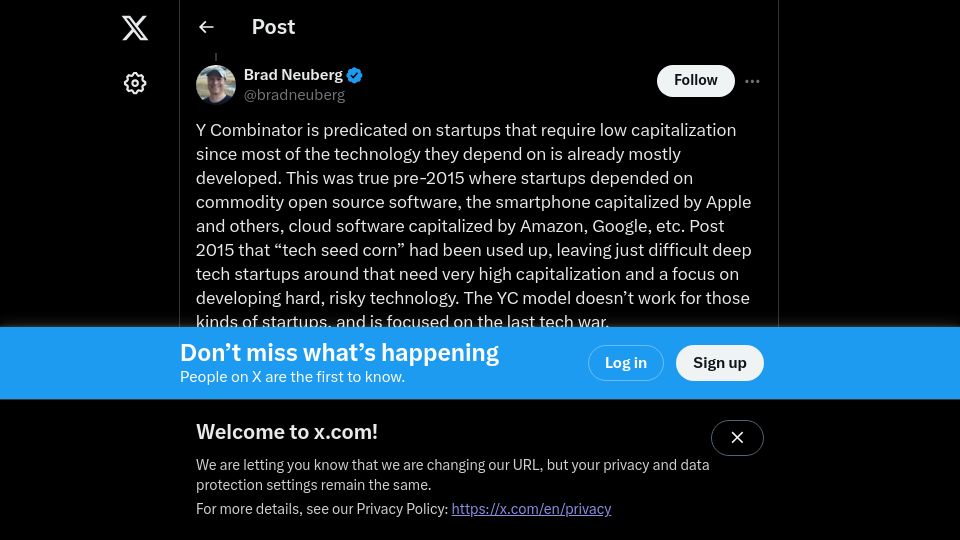 Screenshot of twitter.com: Y Combinator is predicated on startups that require low capitalization