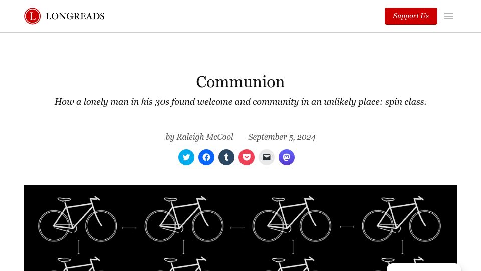 Screenshot of longreads.com: A lonely man in his 30s found welcome and community at spin class