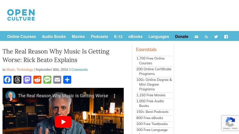 Screenshot of openculture.com: The reason why music is getting worse