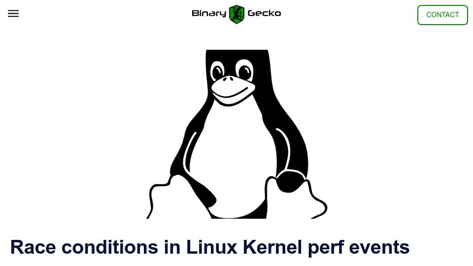 Screenshot of binarygecko.com: Race conditions in Linux Kernel perf events