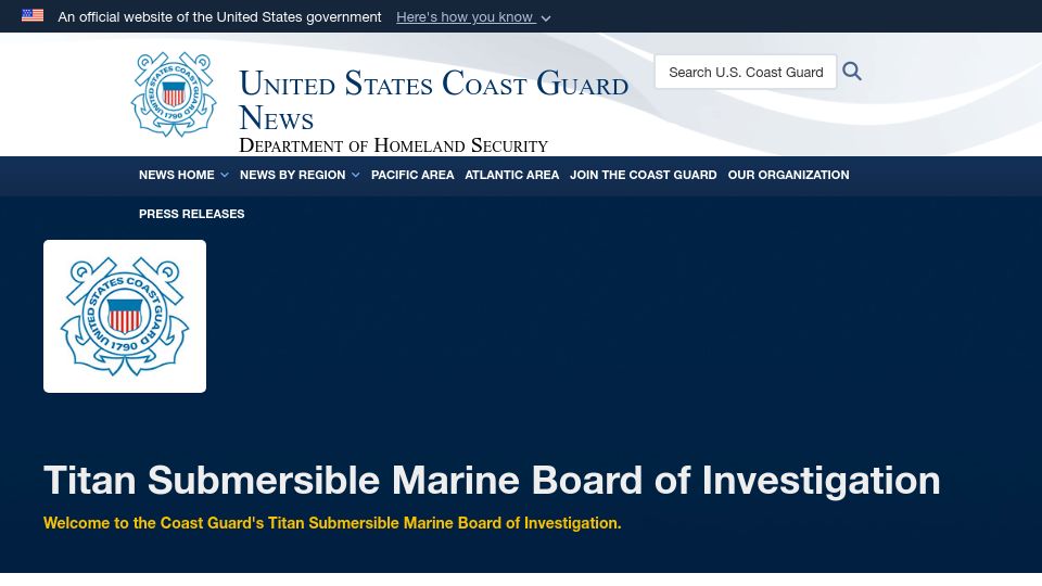 Screenshot of news.uscg.mil: Titan Submersible Marine Board of Investigation
