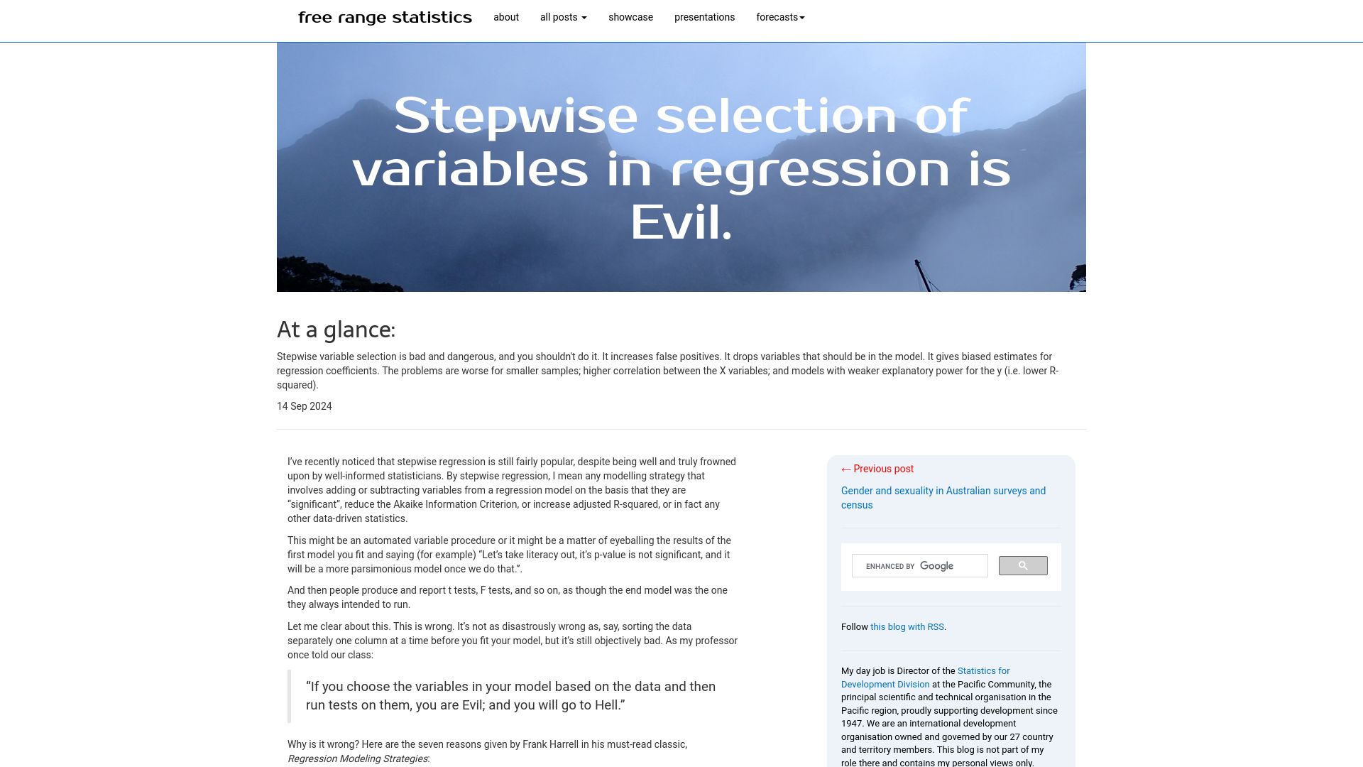 Screenshot of freerangestats.info: Stepwise selection of variables in regression is Evil