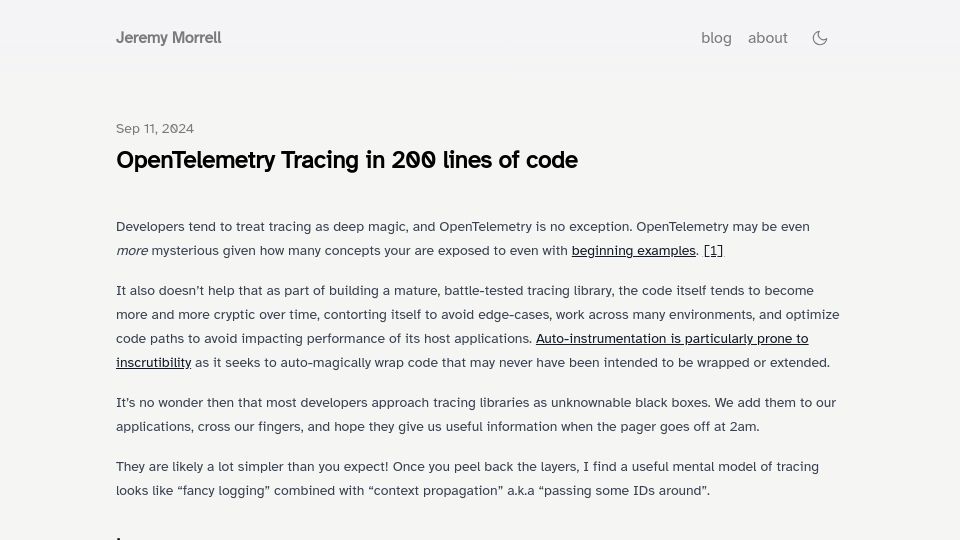 Screenshot of jeremymorrell.dev: OpenTelemetry Tracing in < 200 lines of code