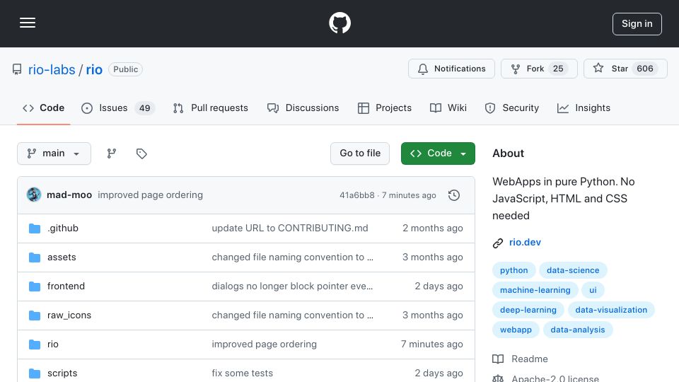 Screenshot of github.com: Rio: Web apps in pure Python