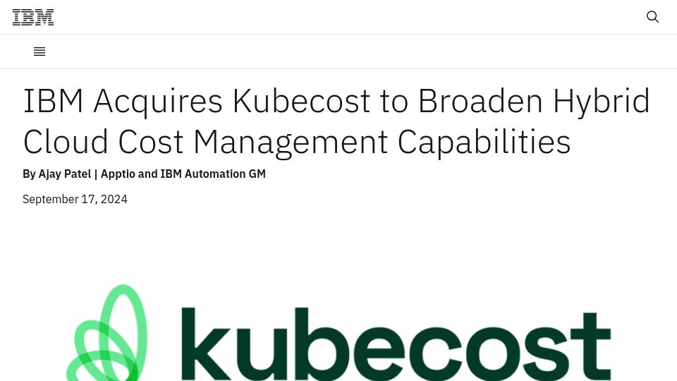 Screenshot of newsroom.ibm.com: IBM acquires Kubecost