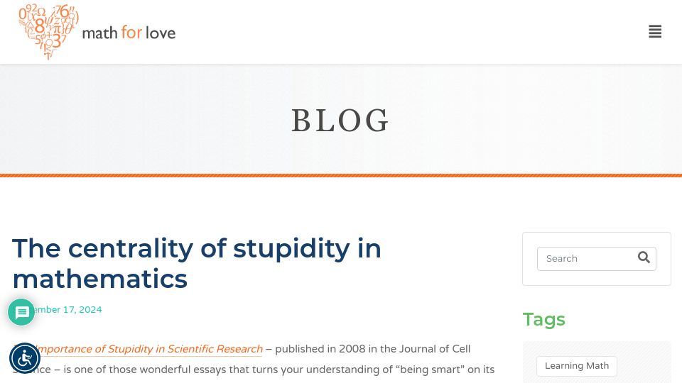 Screenshot of mathforlove.com: The centrality of stupidity in mathematics