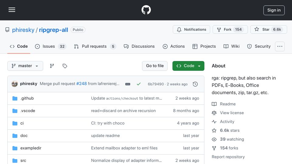 Screenshot of github.com: Rga: Ripgrep, but also search in PDFs, E-Books, Office documents, zip, etc.