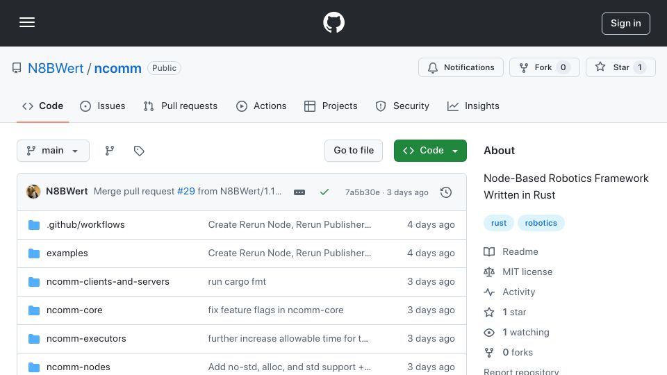 Screenshot of github.com: Ncomm – A node-based robotics framework written in Rust