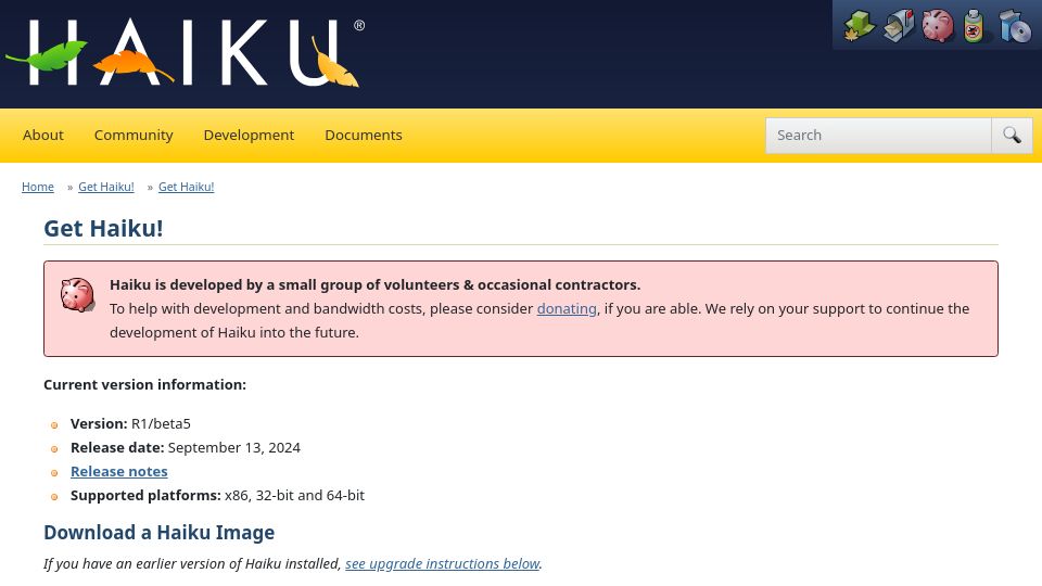 Screenshot of haiku-os.org: BeOS inspired Haiku R1/beta5 is out