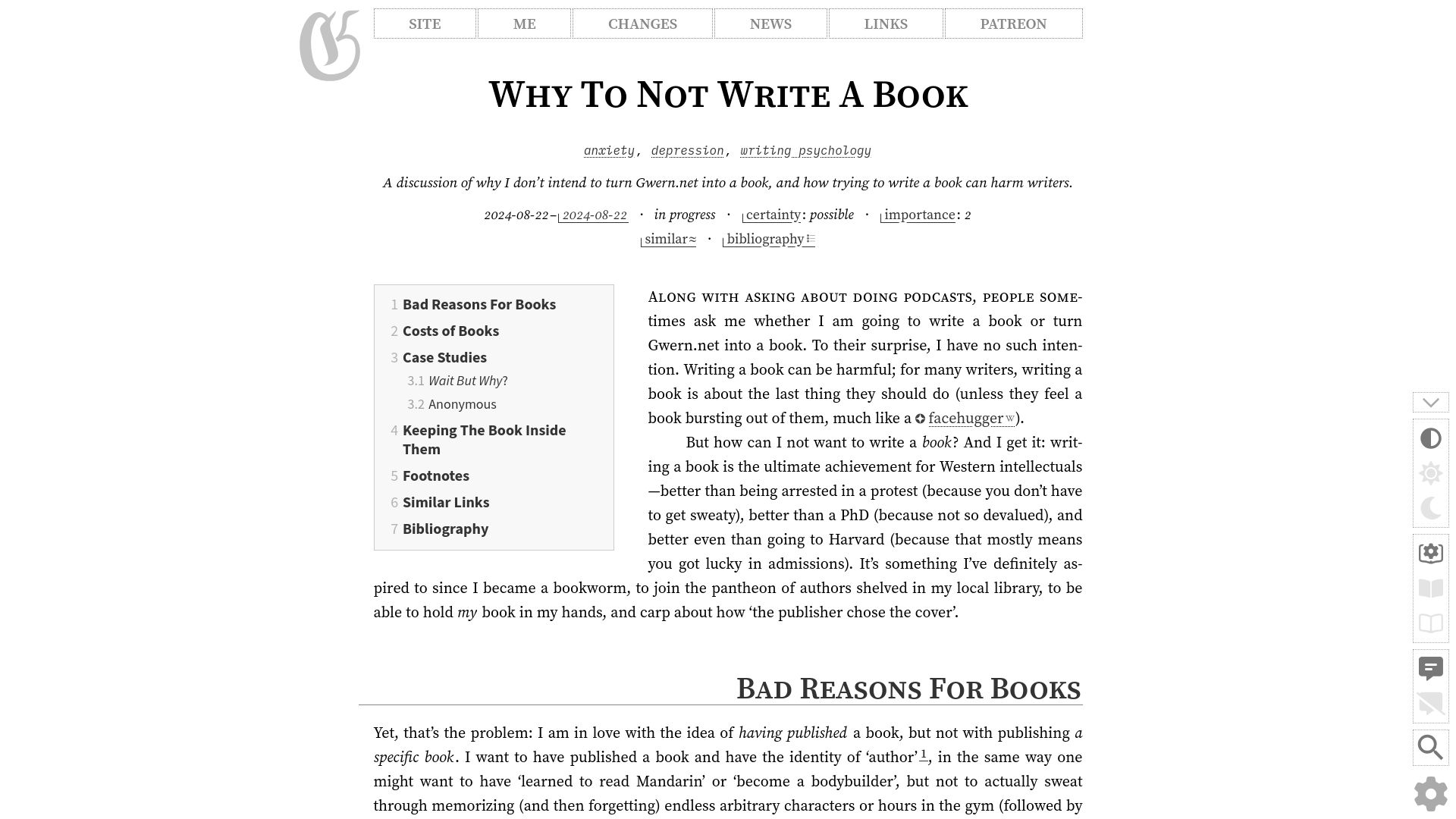 Screenshot of gwern.net: Why to Not Write a Book