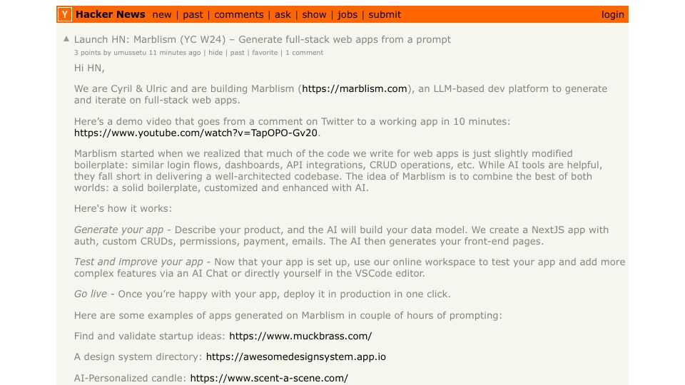Screenshot of Hacker News post: Launch HN: Marblism (YC W24) – Generate full-stack web apps from a prompt