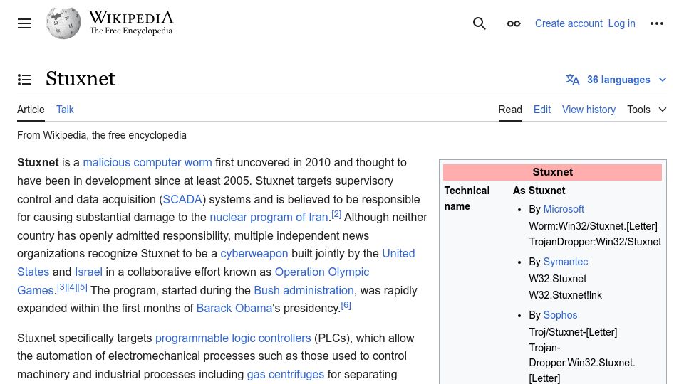 Screenshot of en.wikipedia.org: Stuxnet