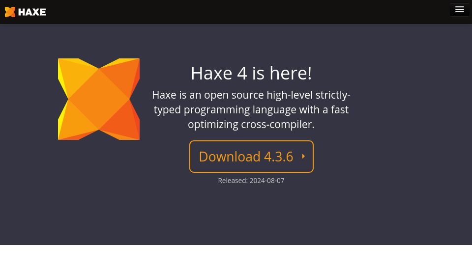 Screenshot of haxe.org: Haxe lang – build cross-platform application with fast cross-compiler