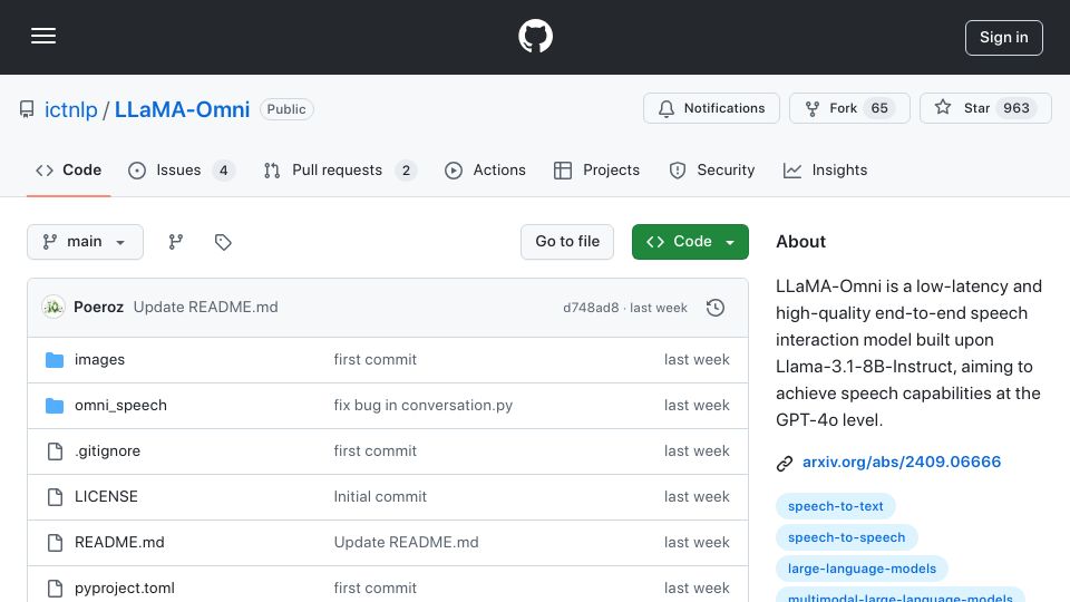 Screenshot of github.com: Llama 3.1 Omni Model