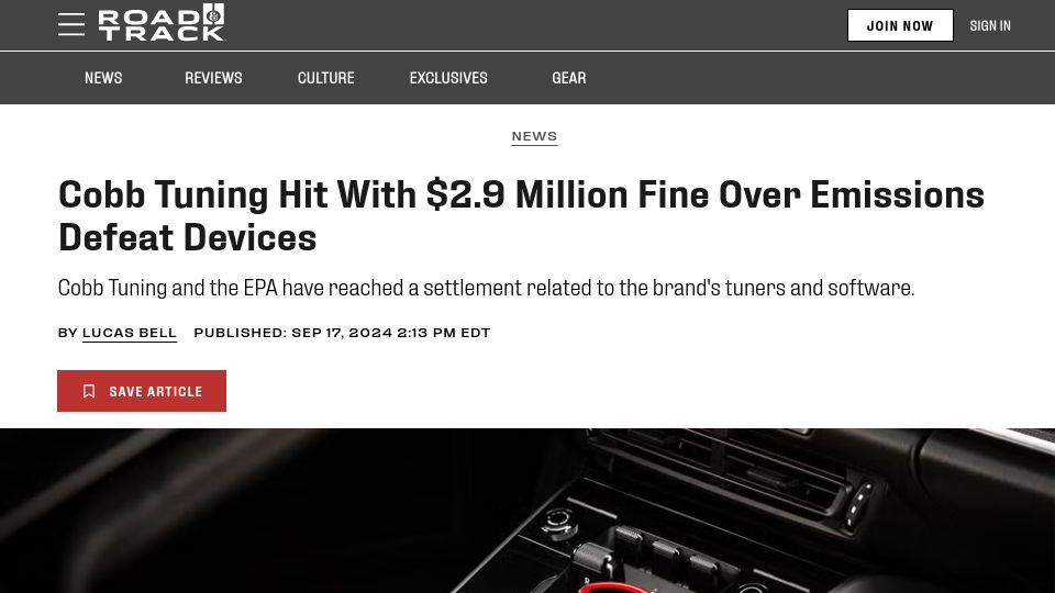 Screenshot of roadandtrack.com: Cobb Tuning Hit with $2.9M Fine over Emissions Defeat Devices