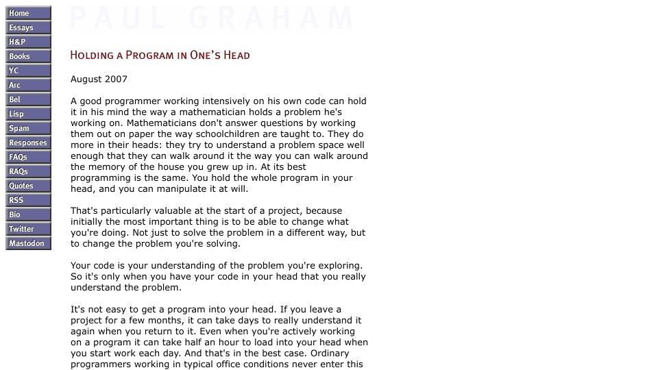 Screenshot of paulgraham.com: Holding a Program in One's Head (2007)
