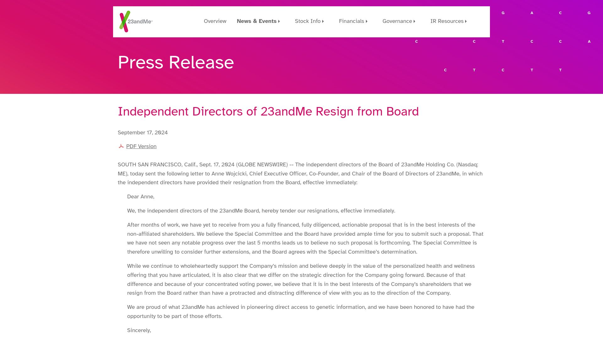 Screenshot of investors.23andme.com: Independent directors of 23andMe resign from board